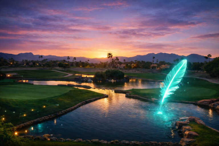 Scenic golf course at sunset with water feature, palm trees, and distant mountains under a colorful sky.