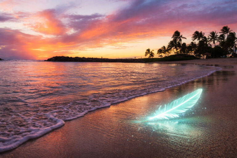 Colorful sunset over a tropical beach with a glowing aqua feather on the sand near the water’s edge