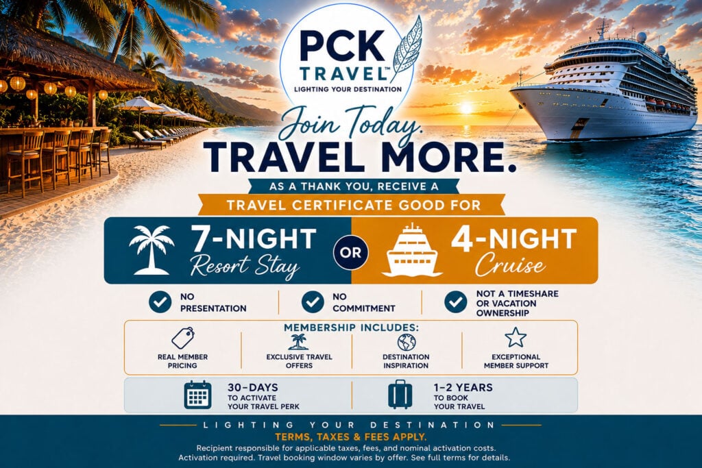 PCK Travel promotional banner for a limited-time special membership offer with a complimentary 7-night resort stay or 5-night cruise certificate. Terms, Taxes, and Fees apply.
