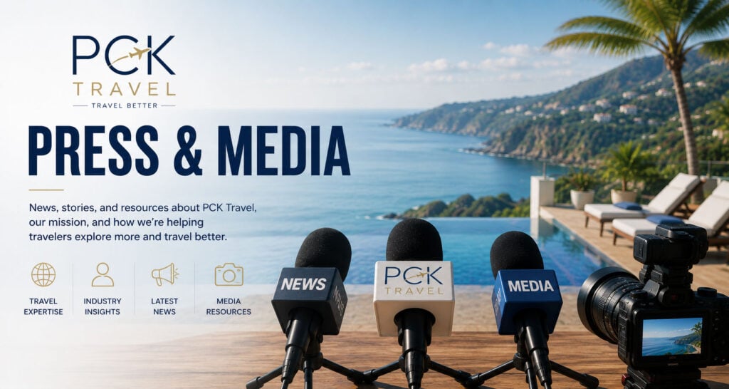 PCK Travel™ Press & Media banner featuring microphones, a professional camera, and a scenic oceanfront resort backdrop. The image includes the headline “Press & Media” alongside travel expertise, industry insights, latest news, and media resources.