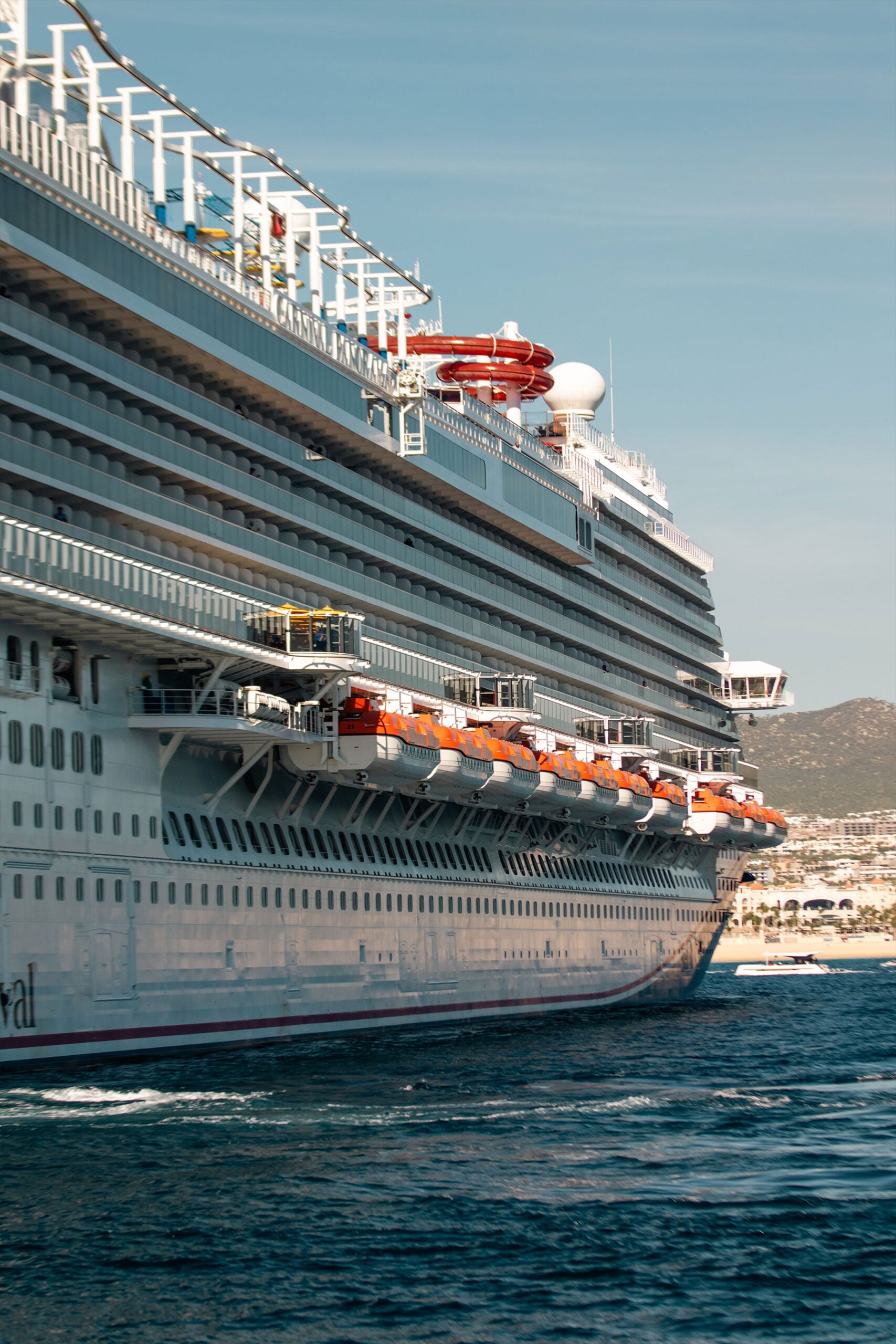 Close-up exterior view of cruise ship balconies and decks