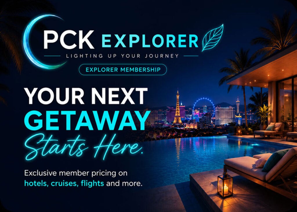 PCK Explorer Membership hero banner featuring a luxury resort overlooking the Las Vegas skyline with messaging about exclusive member pricing on hotels, cruises, flights, and travel experiences.