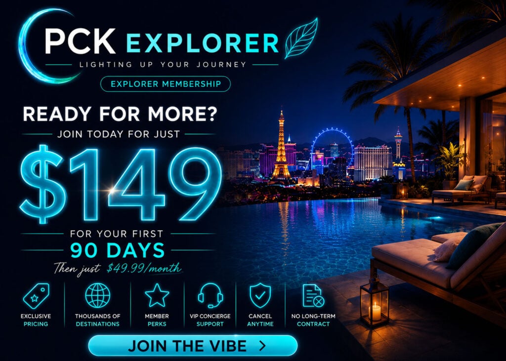 PCK Explorer Membership hero banner promoting a $149 introductory travel membership with exclusive pricing, VIP concierge support, thousands of travel destinations, and a luxury Las Vegas resort backdrop.