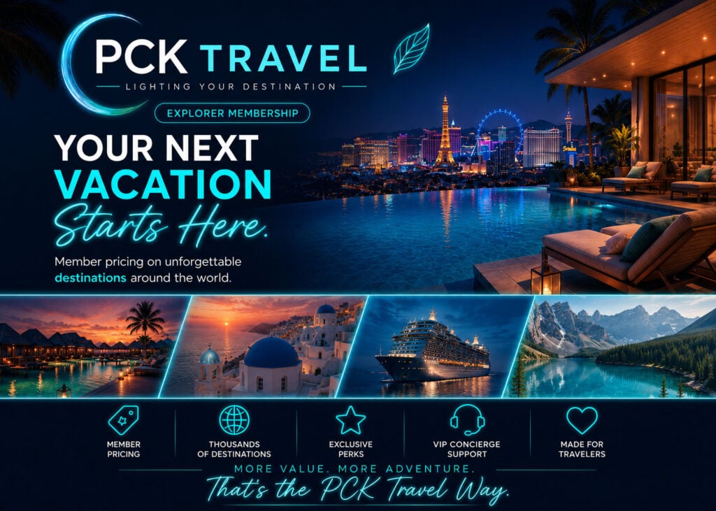 Luxury PCK Travel hero banner featuring a modern resort overlooking the Las Vegas skyline, showcasing exclusive member travel savings, worldwide destinations, cruises, resorts, and concierge travel services.