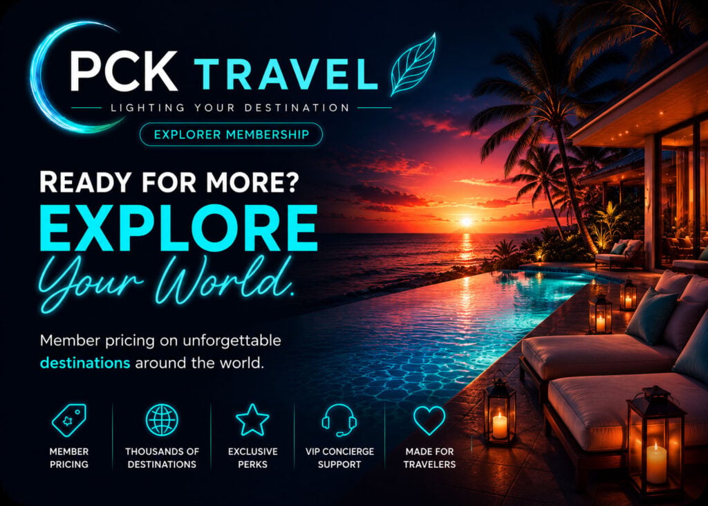 PCK Travel Explorer Membership hero banner featuring a luxury oceanfront resort at sunset, promoting exclusive member pricing, worldwide destinations, VIP concierge support, and premium travel experiences.