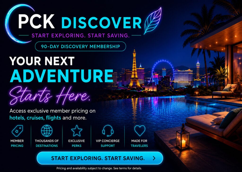 PCK Discover 90-day Discovery Membership promoting exclusive pricing on hotels, cruises, flights, and travel experiences overlooking the Las Vegas skyline.