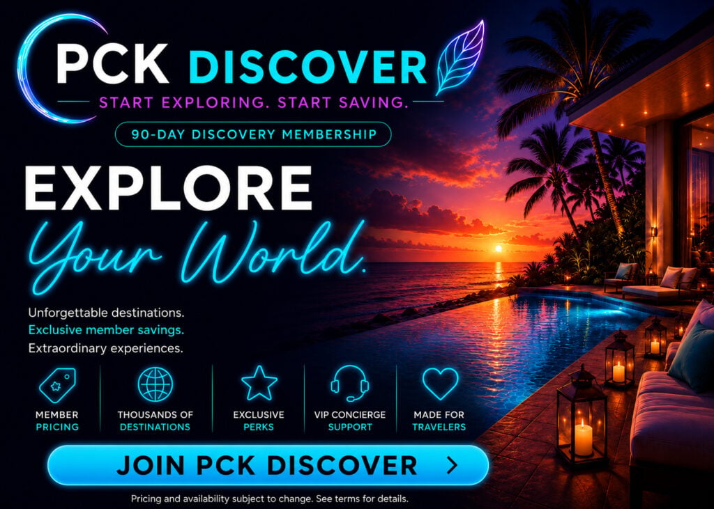 PCK Discover 90-day Discovery Membership featuring a luxury tropical resort, exclusive travel savings, and member travel benefits.