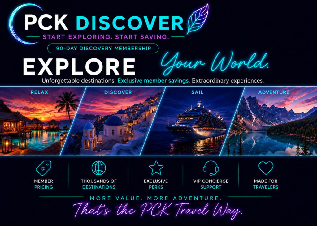 PCK Discover travel showcase featuring tropical resorts, Santorini, cruise vacations, and mountain adventures with exclusive member benefits.