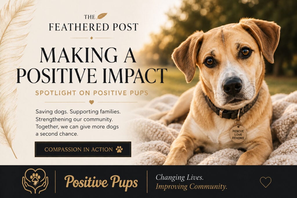 Light-themed Feathered Post hero banner featuring a rescue dog and an article spotlighting Positive Pups, a nonprofit focused on rescuing, rehabilitating, and rehoming dogs.